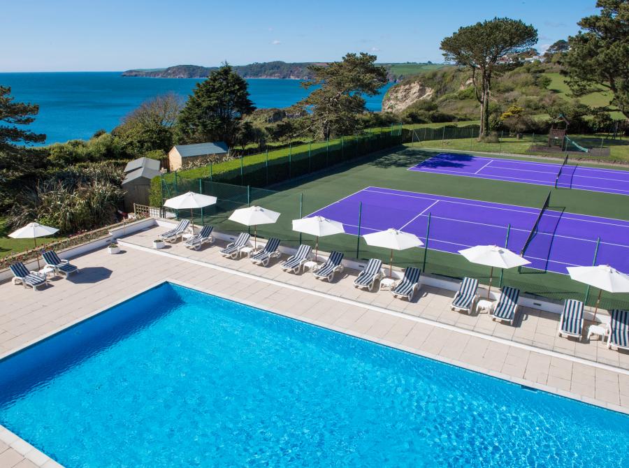 Carlyon Bay Hotel outdoor pool and tennis courts